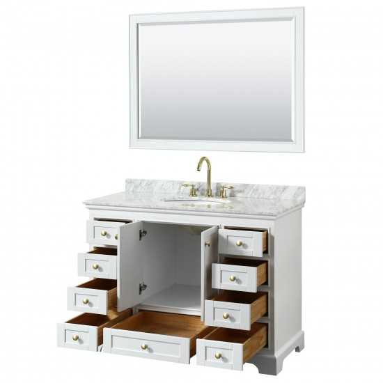 48 Inch Single Bathroom Vanity in White, White Carrara Marble Countertop, Oval Sink, Gold Trim, 46 Inch Mirror