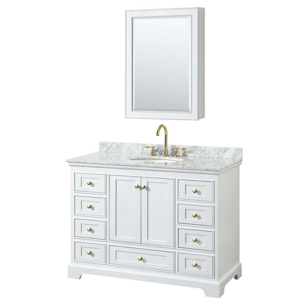 48 Inch Single Bathroom Vanity in White, White Carrara Marble Countertop, Oval Sink, Gold Trim, Medicine Cabinet