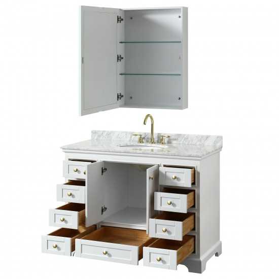 48 Inch Single Bathroom Vanity in White, White Carrara Marble Countertop, Oval Sink, Gold Trim, Medicine Cabinet