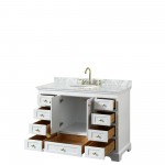 48 Inch Single Bathroom Vanity in White, White Carrara Marble Countertop, Oval Sink, Gold Trim, No Mirror