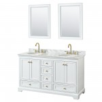 60 Inch Double Bathroom Vanity in White, White Carrara Marble Countertop, Oval Sinks, Gold Trim, 24 Inch Mirrors