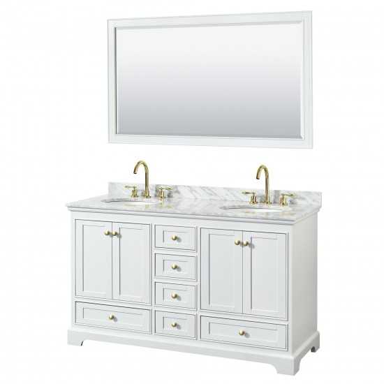 60 Inch Double Bathroom Vanity in White, White Carrara Marble Countertop, Oval Sinks, Gold Trim, 58 Inch Mirror