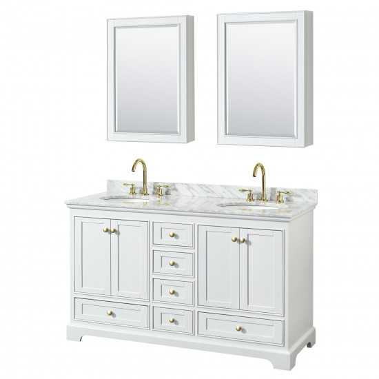 60 Inch Double Bathroom Vanity in White, White Carrara Marble Countertop, Oval Sinks, Gold Trim, Medicine Cabinets