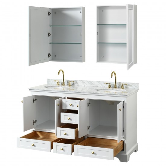 60 Inch Double Bathroom Vanity in White, White Carrara Marble Countertop, Oval Sinks, Gold Trim, Medicine Cabinets