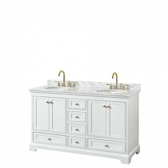 60 Inch Double Bathroom Vanity in White, White Carrara Marble Countertop, Oval Sinks, Gold Trim, No Mirrors