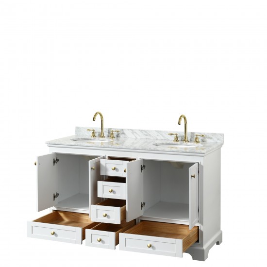 60 Inch Double Bathroom Vanity in White, White Carrara Marble Countertop, Oval Sinks, Gold Trim, No Mirrors