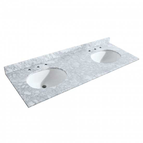 60 Inch Double Bathroom Vanity in White, White Carrara Marble Countertop, Oval Sinks, Gold Trim, No Mirrors