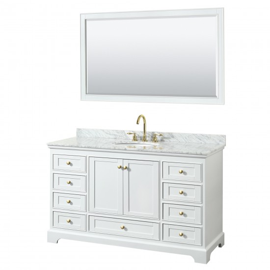 60 Inch Single Bathroom Vanity in White, White Carrara Marble Countertop, Oval Sink, Gold Trim, 58 Inch Mirror
