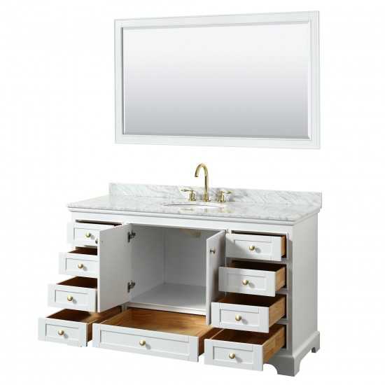 60 Inch Single Bathroom Vanity in White, White Carrara Marble Countertop, Oval Sink, Gold Trim, 58 Inch Mirror