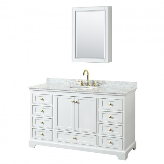 60 Inch Single Bathroom Vanity in White, White Carrara Marble Countertop, Oval Sink, Gold Trim, Medicine Cabinet