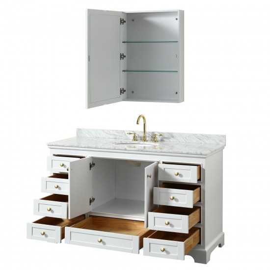 60 Inch Single Bathroom Vanity in White, White Carrara Marble Countertop, Oval Sink, Gold Trim, Medicine Cabinet