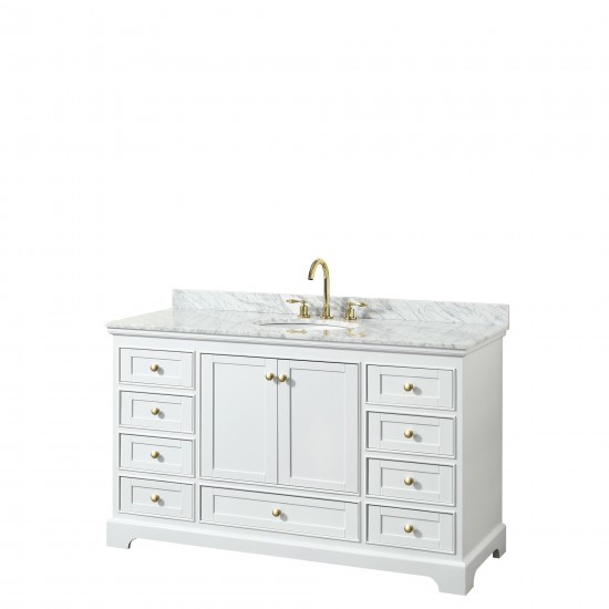 60 Inch Single Bathroom Vanity in White, White Carrara Marble Countertop, Oval Sink, Gold Trim, No Mirror