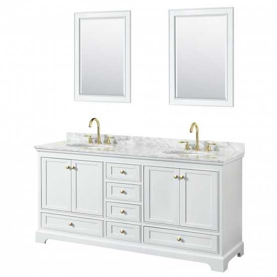 72 Inch Double Bathroom Vanity in White, White Carrara Marble Countertop, Oval Sinks, Gold Trim, 24 Inch Mirrors