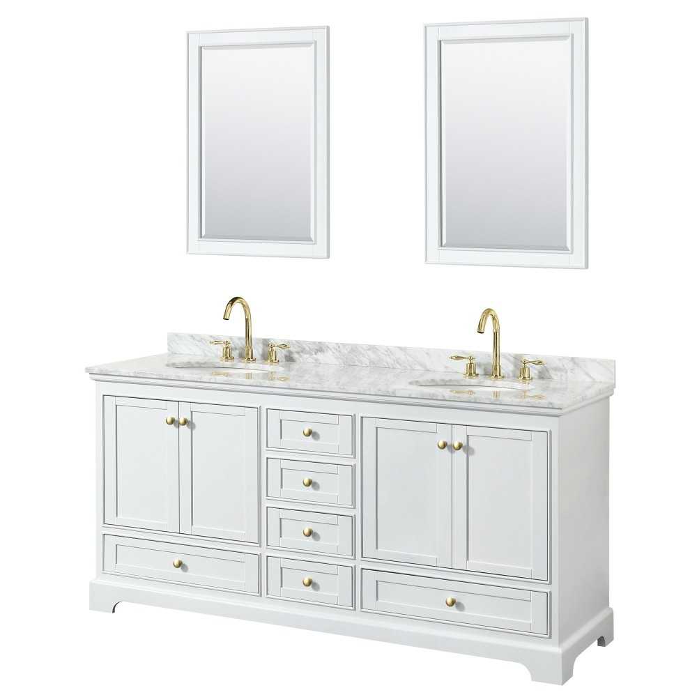 72 Inch Double Bathroom Vanity in White, White Carrara Marble Countertop, Oval Sinks, Gold Trim, 24 Inch Mirrors