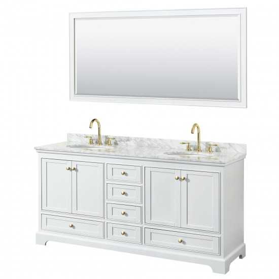 72 Inch Double Bathroom Vanity in White, White Carrara Marble Countertop, Oval Sinks, Gold Trim, 70 Inch Mirror