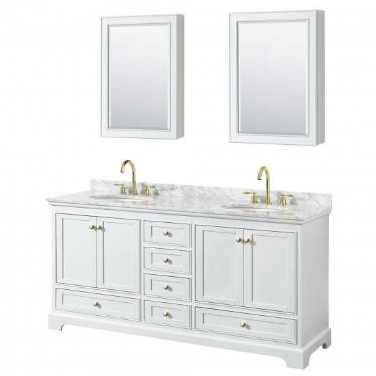 72 Inch Double Bathroom Vanity in White, White Carrara Marble Countertop, Oval Sinks, Gold Trim, Medicine Cabinets