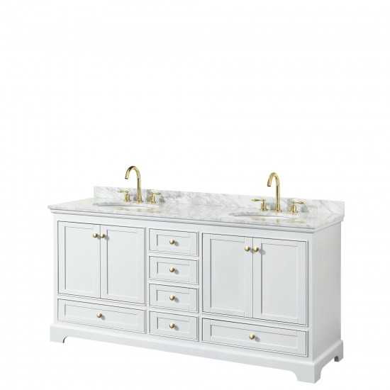 72 Inch Double Bathroom Vanity in White, White Carrara Marble Countertop, Oval Sinks, Gold Trim, No Mirrors