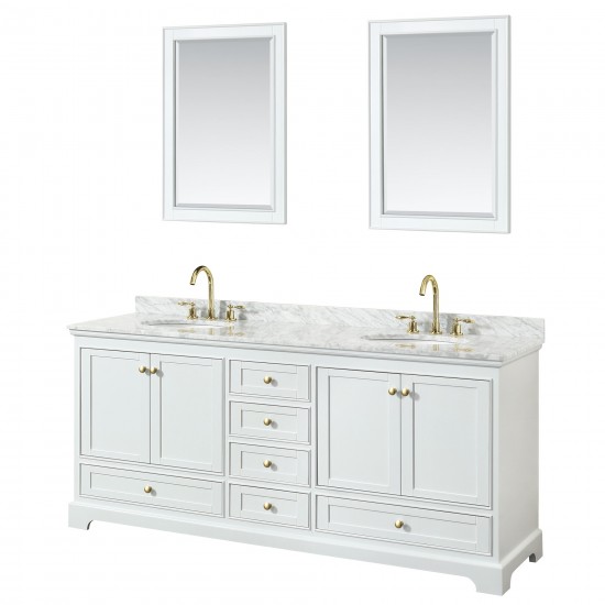 80 Inch Double Bathroom Vanity in White, White Carrara Marble Countertop, Oval Sinks, Gold Trim, 24 Inch Mirrors