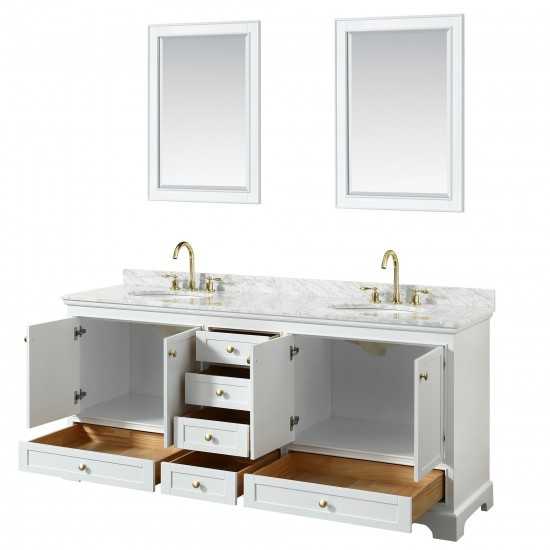 80 Inch Double Bathroom Vanity in White, White Carrara Marble Countertop, Oval Sinks, Gold Trim, 24 Inch Mirrors