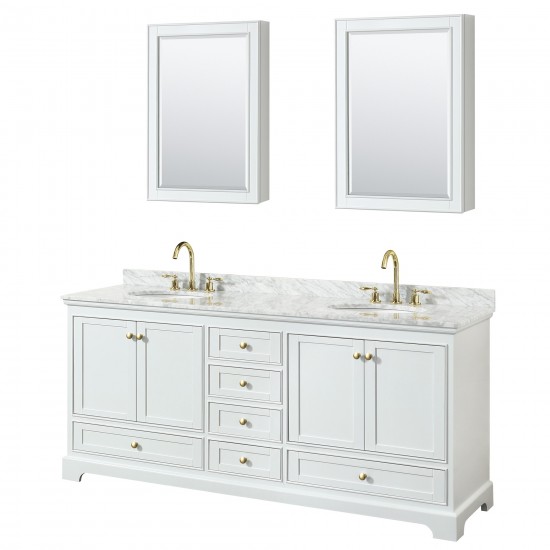 80 Inch Double Bathroom Vanity in White, White Carrara Marble Countertop, Oval Sinks, Gold Trim, Medicine Cabinets