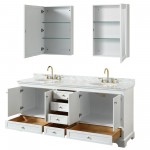 80 Inch Double Bathroom Vanity in White, White Carrara Marble Countertop, Oval Sinks, Gold Trim, Medicine Cabinets