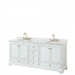 80 Inch Double Bathroom Vanity in White, White Carrara Marble Countertop, Oval Sinks, Gold Trim, No Mirrors