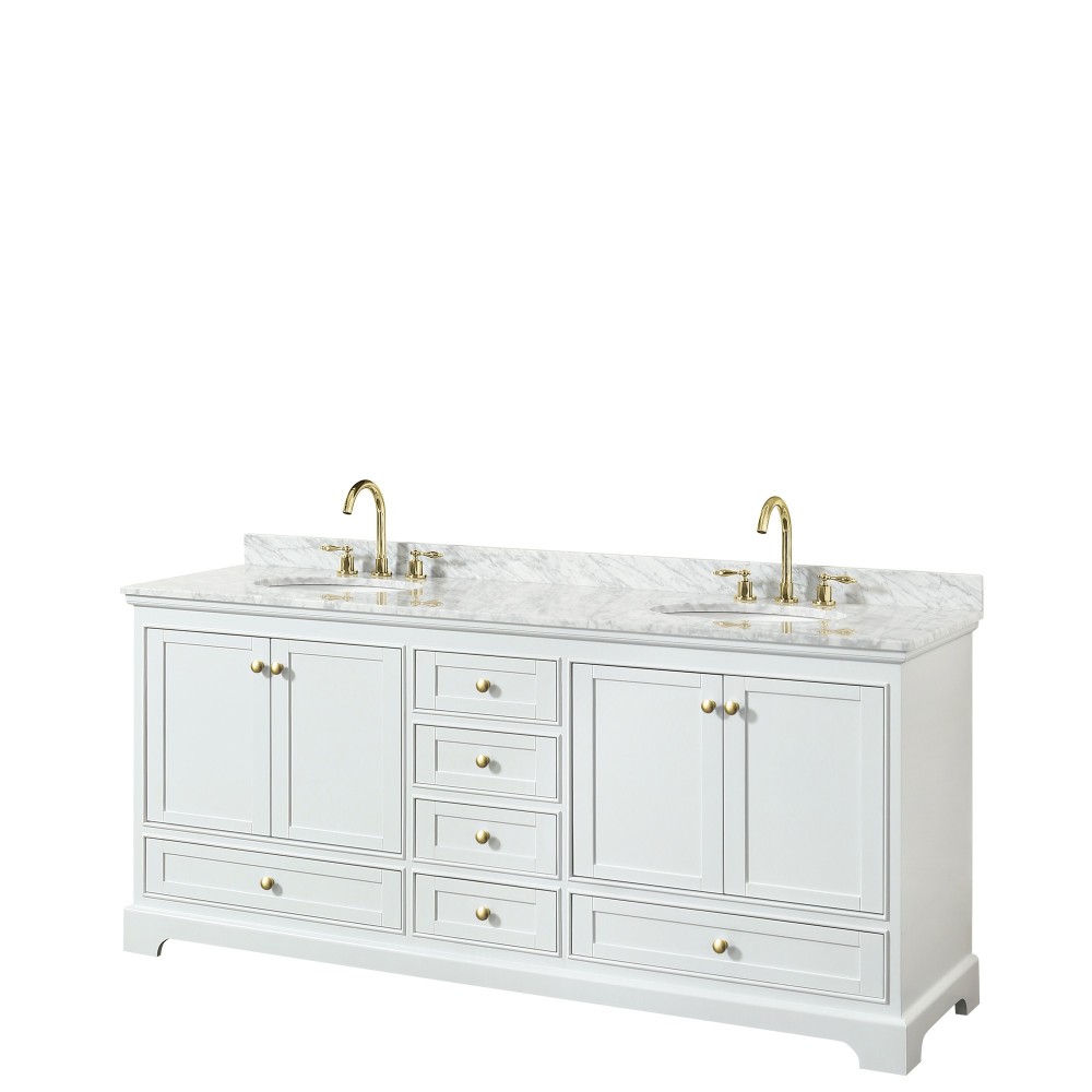 80 Inch Double Bathroom Vanity in White, White Carrara Marble Countertop, Oval Sinks, Gold Trim, No Mirrors