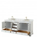 80 Inch Double Bathroom Vanity in White, White Carrara Marble Countertop, Oval Sinks, Gold Trim, No Mirrors