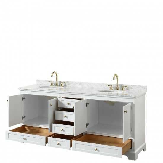 80 Inch Double Bathroom Vanity in White, White Carrara Marble Countertop, Oval Sinks, Gold Trim, No Mirrors