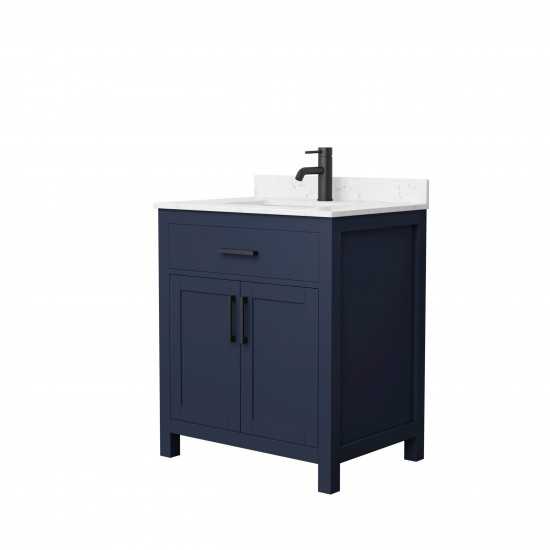 30 Inch Single Bathroom Vanity in Dark Blue, Carrara Cultured Marble Countertop, Sink, Black Trim