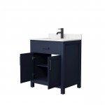 30 Inch Single Bathroom Vanity in Dark Blue, Carrara Cultured Marble Countertop, Sink, Black Trim