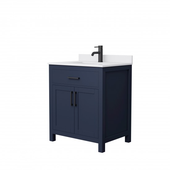 30 Inch Single Bathroom Vanity in Dark Blue, White Cultured Marble Countertop, Sink, Black Trim