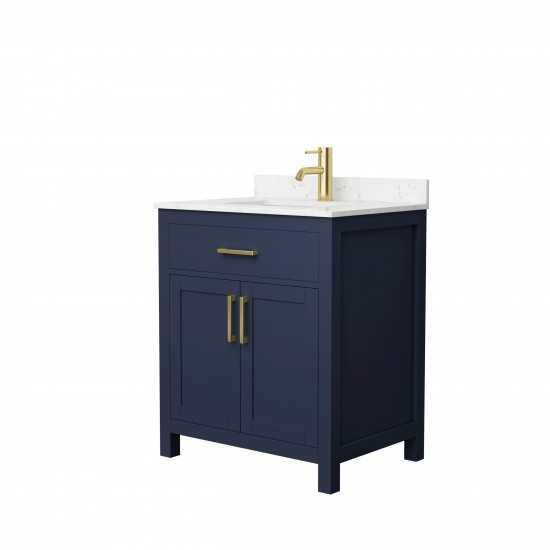 30 Inch Single Bathroom Vanity in Dark Blue, Carrara Cultured Marble Countertop, Sink, Gold Trim