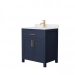 30 Inch Single Bathroom Vanity in Dark Blue, White Cultured Marble Countertop, Sink, Gold Trim