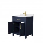 30 Inch Single Bathroom Vanity in Dark Blue, White Cultured Marble Countertop, Sink, Gold Trim