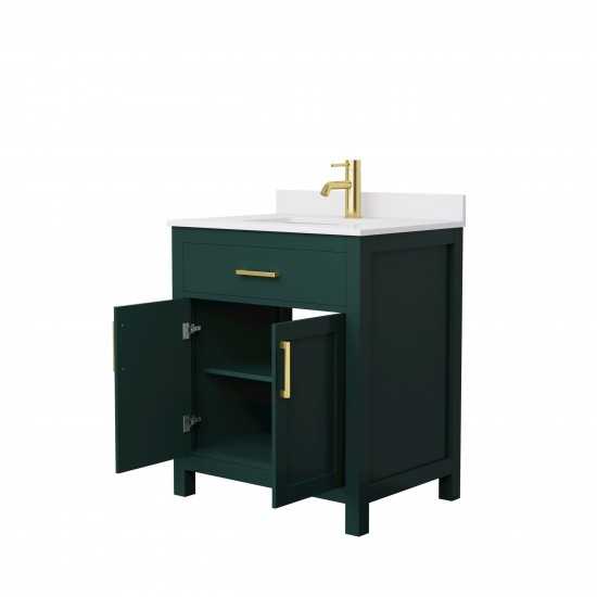 30 Inch Single Bathroom Vanity in Green, White Cultured Marble Countertop, Sink, Gold Trim