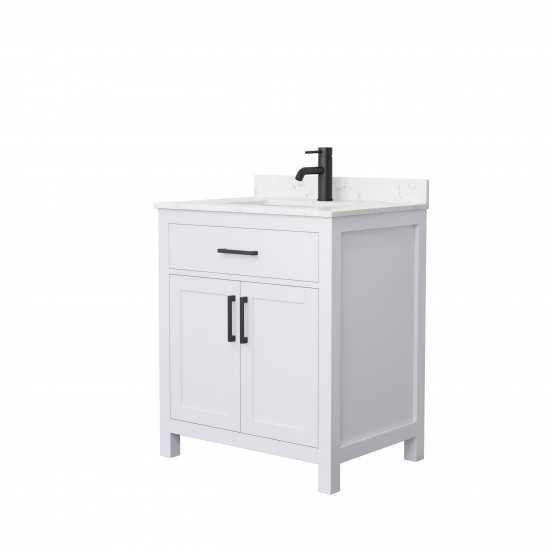 30 Inch Single Bathroom Vanity in White, Carrara Cultured Marble Countertop, Sink, Black Trim