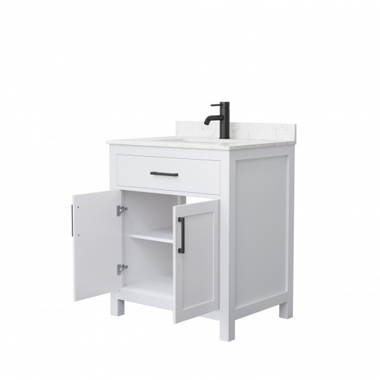 30 Inch Single Bathroom Vanity in White, Carrara Cultured Marble Countertop, Sink, Black Trim