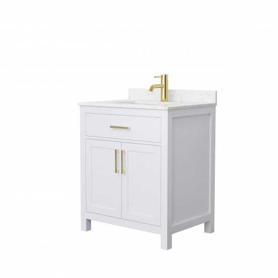 30 Inch Single Bathroom Vanity in White, Carrara Cultured Marble Countertop, Sink, Gold Trim