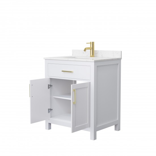 30 Inch Single Bathroom Vanity in White, Carrara Cultured Marble Countertop, Sink, Gold Trim