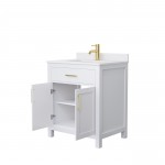 30 Inch Single Bathroom Vanity in White, White Cultured Marble Countertop, Sink, Gold Trim