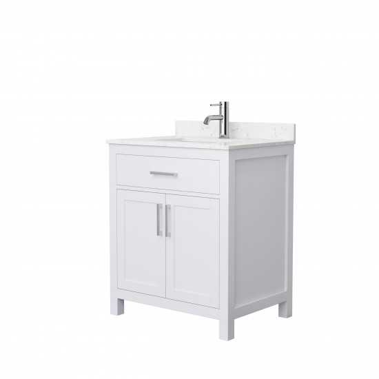 30 Inch Single Bathroom Vanity in White, Carrara Cultured Marble Countertop, Sink, Nickel Trim