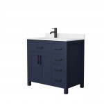 36 Inch Single Bathroom Vanity in Dark Blue, Carrara Cultured Marble Countertop, Sink, Black Trim