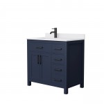 36 Inch Single Bathroom Vanity in Dark Blue, White Cultured Marble Countertop, Sink, Black Trim