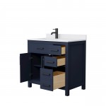 36 Inch Single Bathroom Vanity in Dark Blue, White Cultured Marble Countertop, Sink, Black Trim