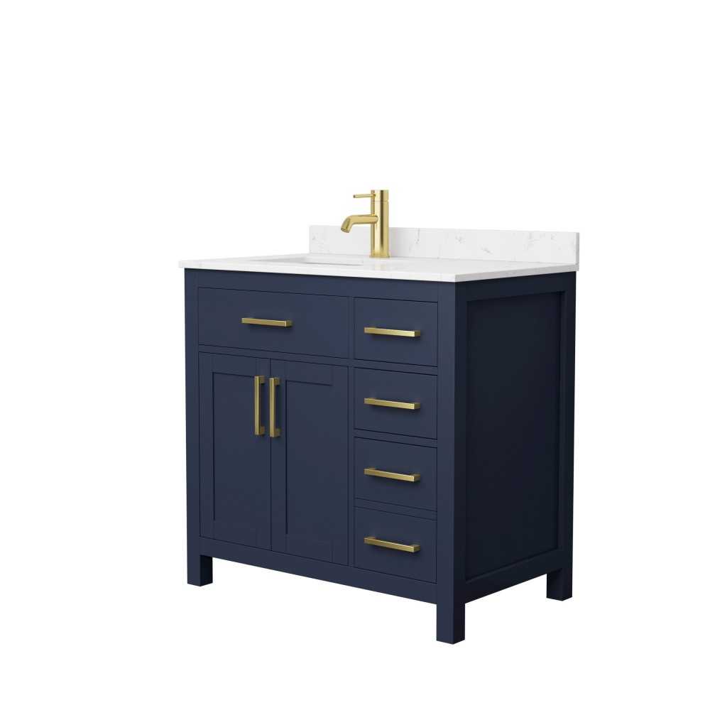 36 Inch Single Bathroom Vanity in Dark Blue, Carrara Cultured Marble Countertop, Sink, Gold Trim