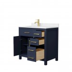 36 Inch Single Bathroom Vanity in Dark Blue, Carrara Cultured Marble Countertop, Sink, Gold Trim