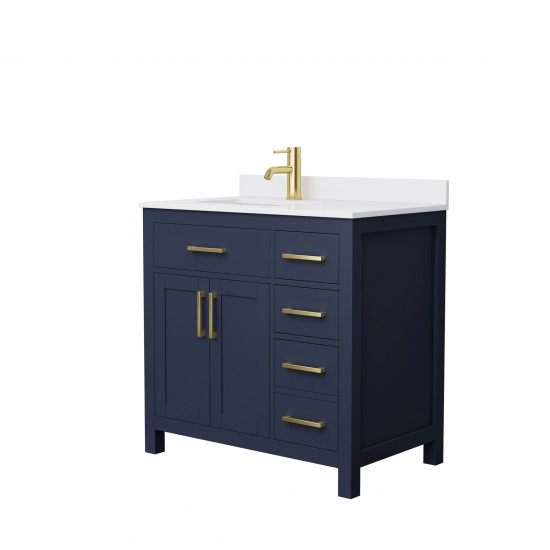 36 Inch Single Bathroom Vanity in Dark Blue, White Cultured Marble Countertop, Sink, Gold Trim