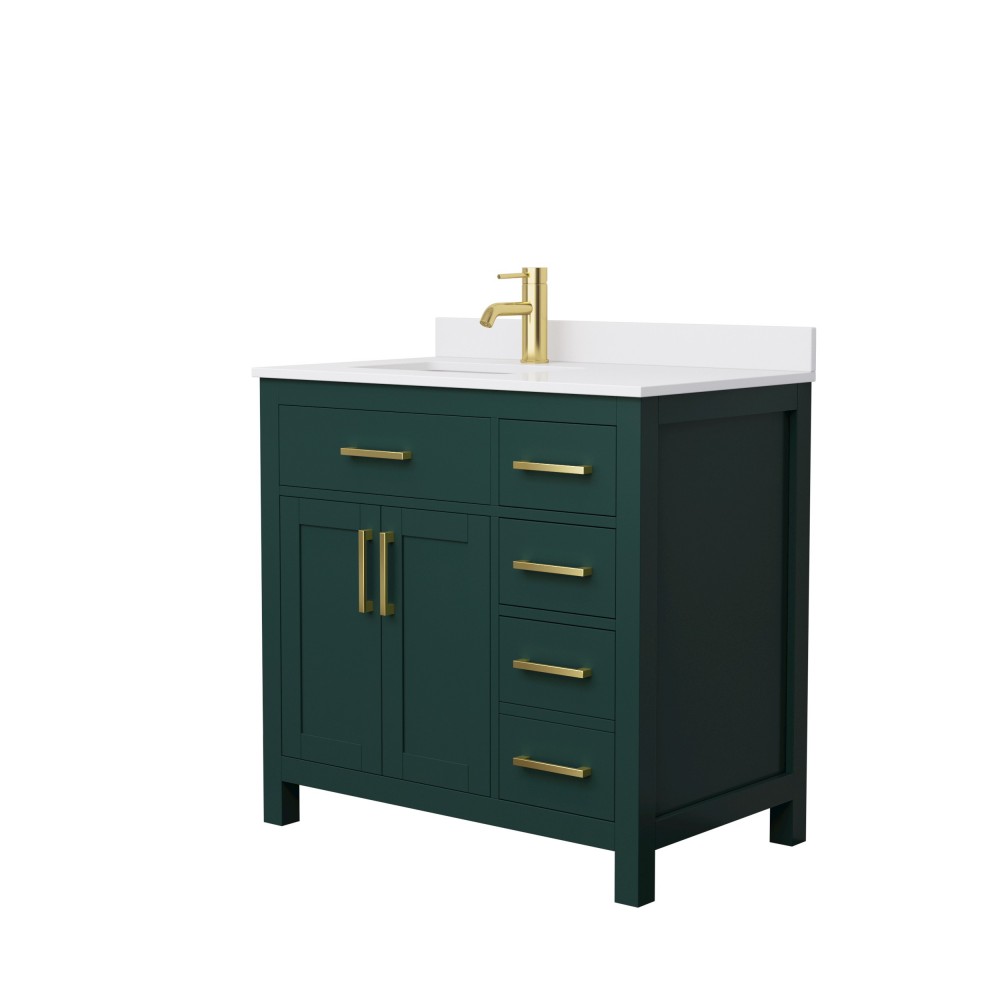 36 Inch Single Bathroom Vanity in Green, White Cultured Marble Countertop, Sink, Gold Trim