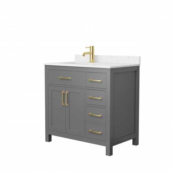 36 Inch Single Bathroom Vanity in Dark Gray, Carrara Cultured Marble Countertop, Sink, Gold Trim